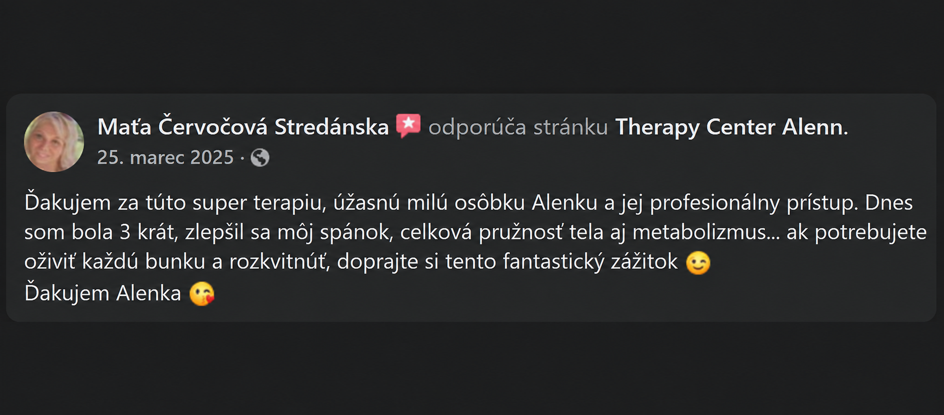 Facebook recenzia – Maťa Červočová Stredánska